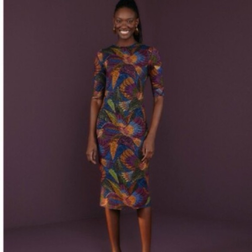 Farm Rio Dotted Macaws midi jersey dress size large floral bohemian sheath - Picture 11 of 11